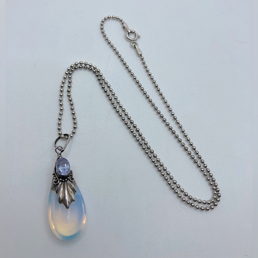 VTG Amethyst & Opalite Moonstone Drop Pendant Sterling Silver 925 Bead Chain 16”